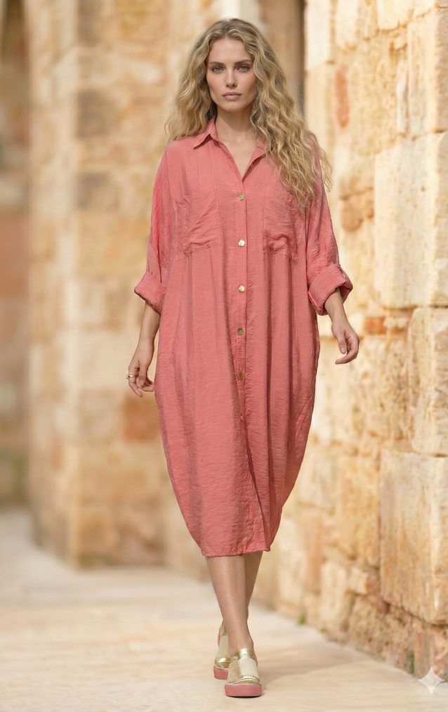 Pasaklı Giyim Kadın Oversize Yarasa Kol Tesettüre Uygun Gömlek Elbise-Tesettür Tunik 3282528 Gül Kurusu