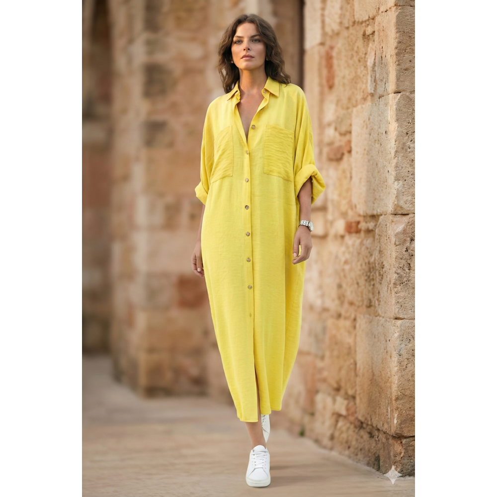 Pasaklı Giyim Pasaklı Giyim Kadın Oversize Yarasa Kol Tesettüre Uygun Gömlek Elbise-Tesettür Tunik Sarı - Premium Kadın Giyim