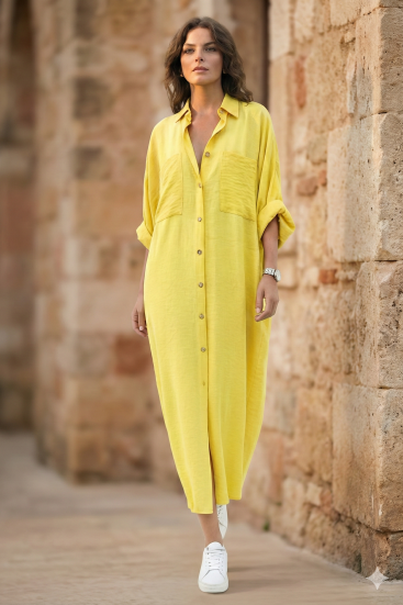 Pasaklı Giyim Kadın Oversize Yarasa Kol Tesettüre Uygun Gömlek Elbise-Tesettür Tunik 3282528 Sarı