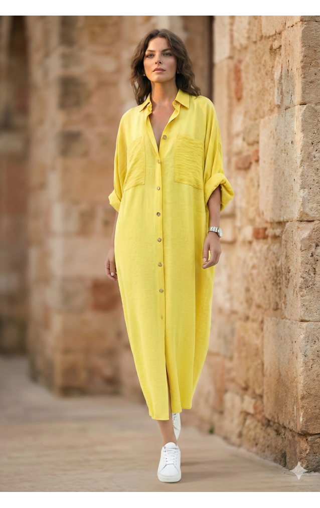 Pasaklı Giyim Kadın Oversize Yarasa Kol Tesettüre Uygun Gömlek Elbise-Tesettür Tunik 3282528 Sarı