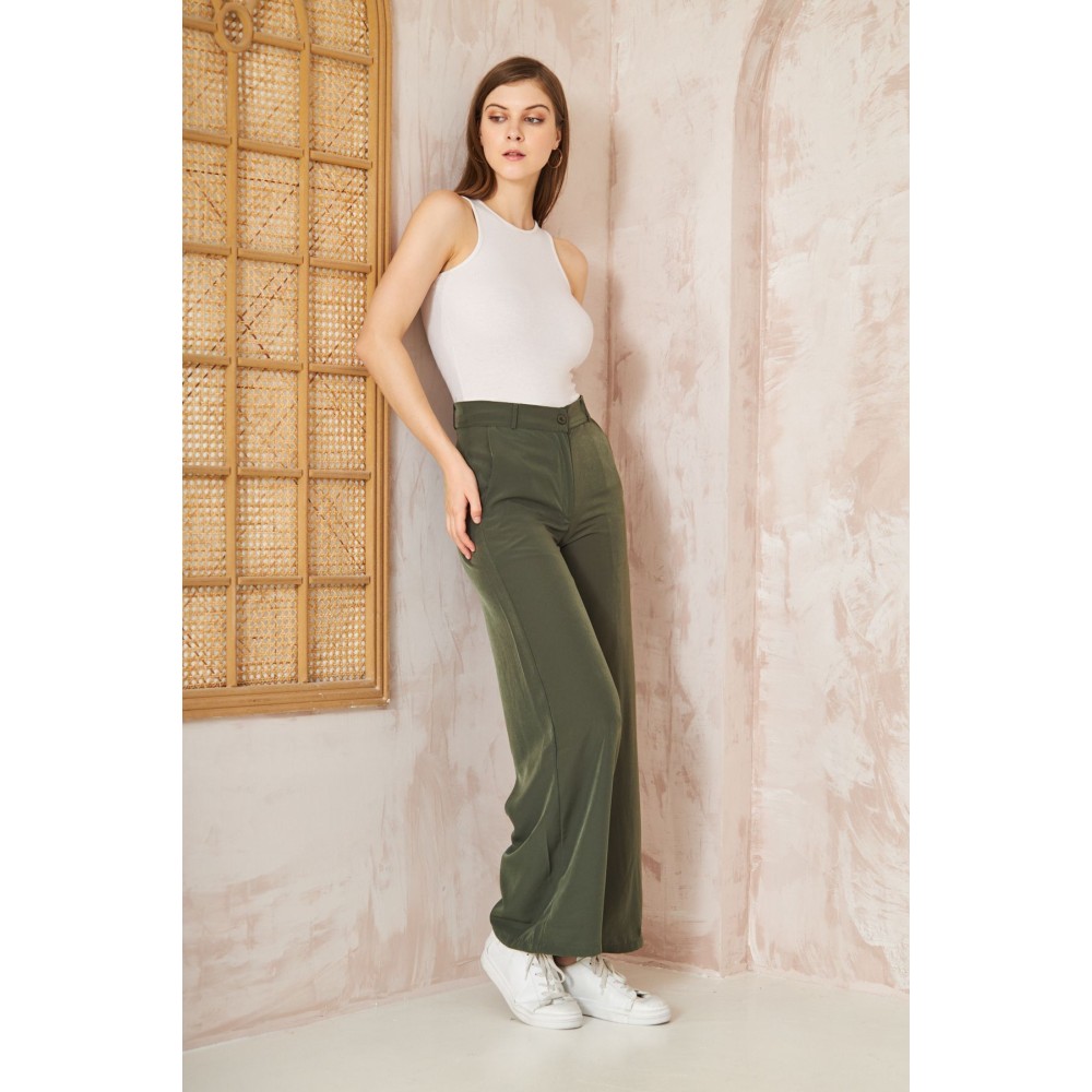 Pasaklı Giyim Pasaklı Giyim Kupra İpek Palazzo Pantolon Haki - Premium Kadın Giyim