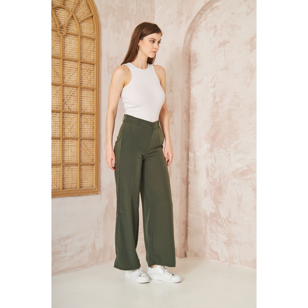 Pasaklı Giyim Pasaklı Giyim Kupra İpek Palazzo Pantolon Haki - Premium Kadın Giyim
