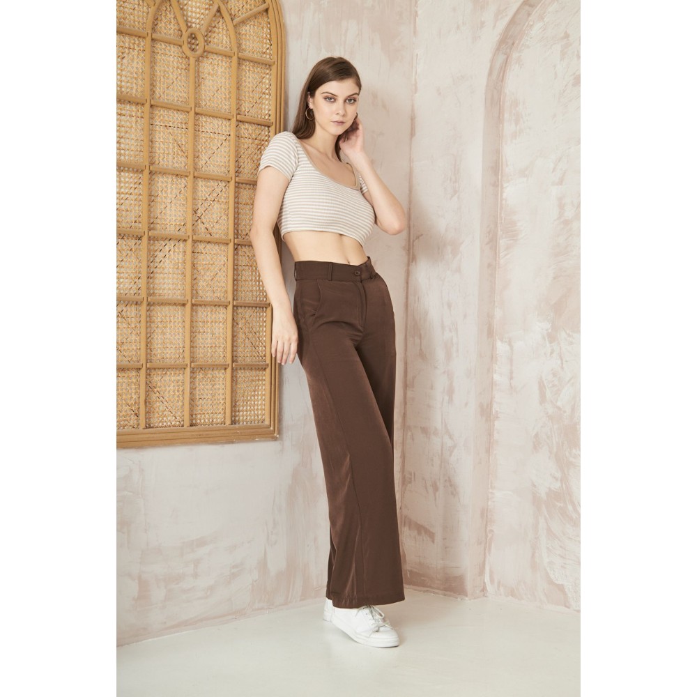 Pasaklı Giyim Pasaklı Giyim Kupra İpek Palazzo Pantolon Kahverengi - Premium Kadın Giyim