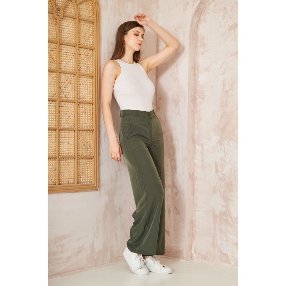 Pasaklı Giyim Pasaklı Giyim Kupra İpek Palazzo Pantolon Haki - Premium Kadın Giyim
