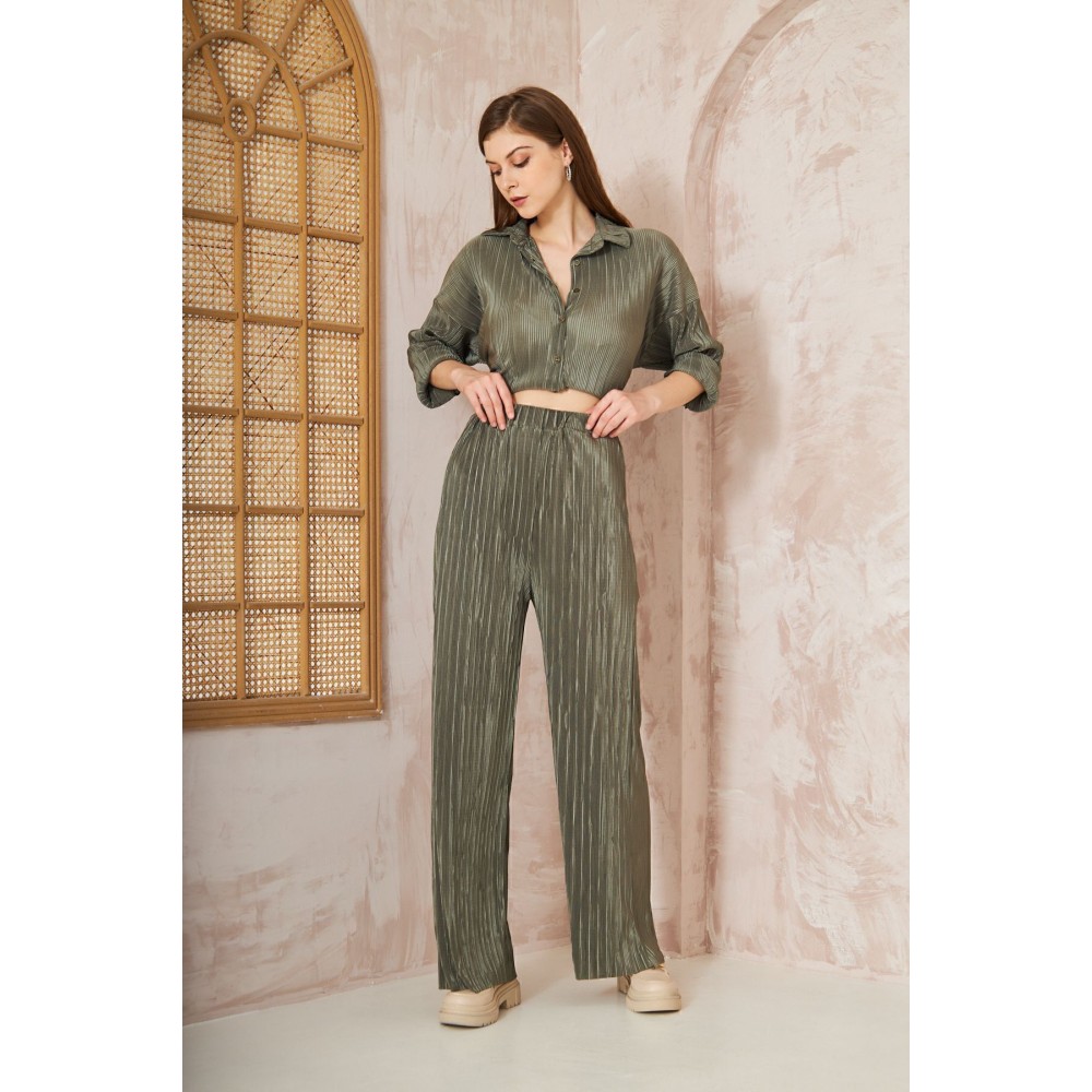 Pasaklı Giyim Pasaklı Giyim kadın Piliseli Bürümcük Pantolon Tunik Alt Üst Takım Haki - Premium Kadın Giyim