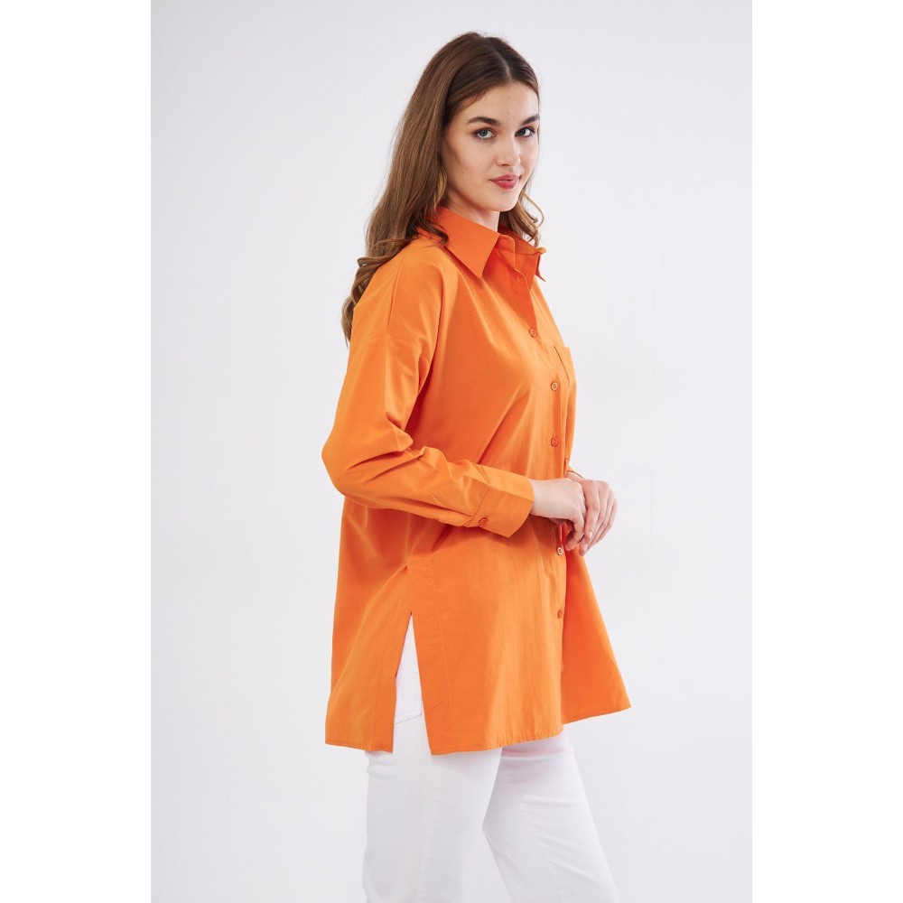 Pasaklı Giyim Kadın Turuncu Uzun Kollu Terikoton Özel Kumaş Cepli Spor Uzun Tunik Gömlek - Premium Kadın Giyim