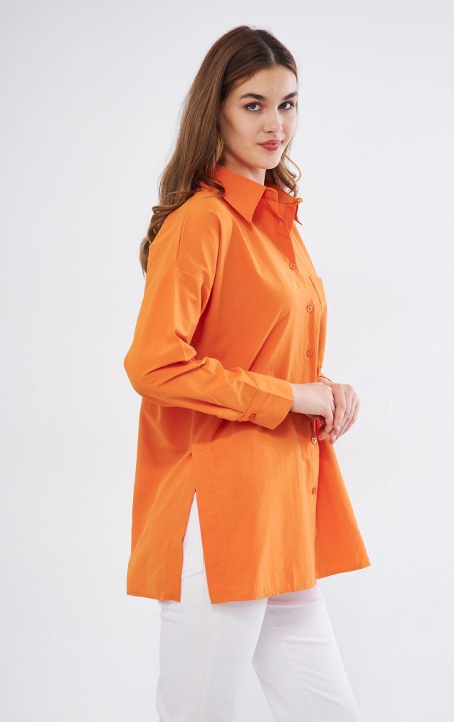 Kadın Turuncu Uzun Kollu Terikoton Özel Kumaş Cepli Spor Uzun Tunik Gömlek 3518185
