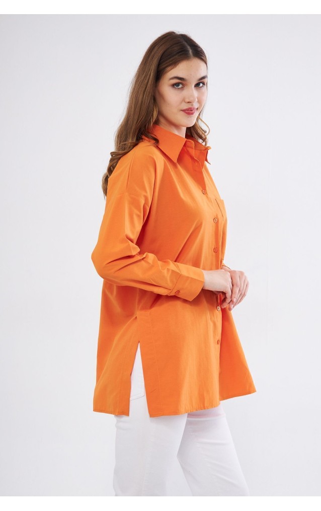 Kadın Turuncu Uzun Kollu Terikoton Özel Kumaş Cepli Spor Uzun Tunik Gömlek 3518185