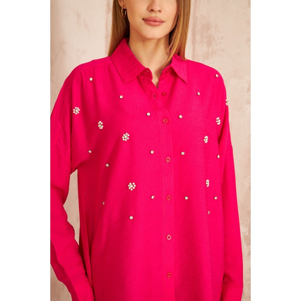 Pasaklı Giyim Pasaklı Giyim Kadın İnci İşleme Keten Tunik Gömlek Fuşya - Premium Kadın Giyim