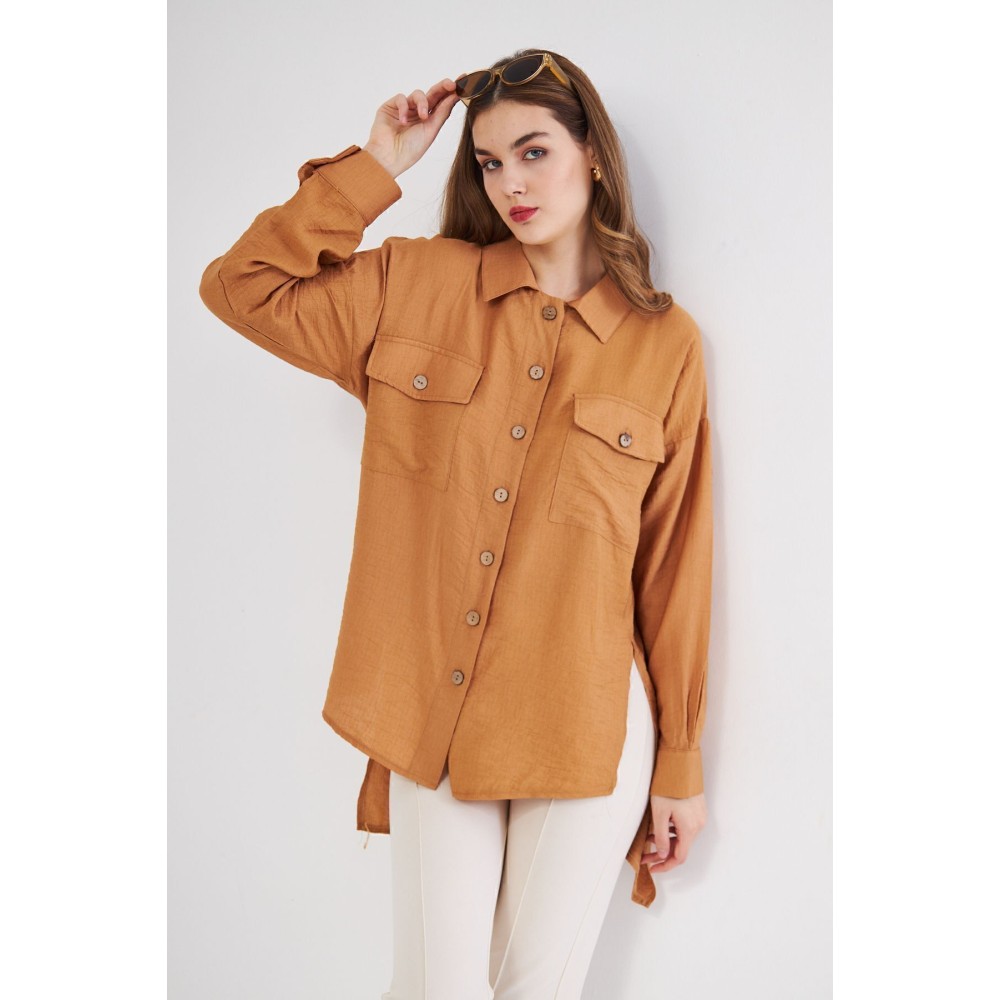 Pasaklı Giyim Pasaklı Giyim Kadın Oversize Arkası Uzun Tunik Gömlek Bej - Premium Kadın Giyim