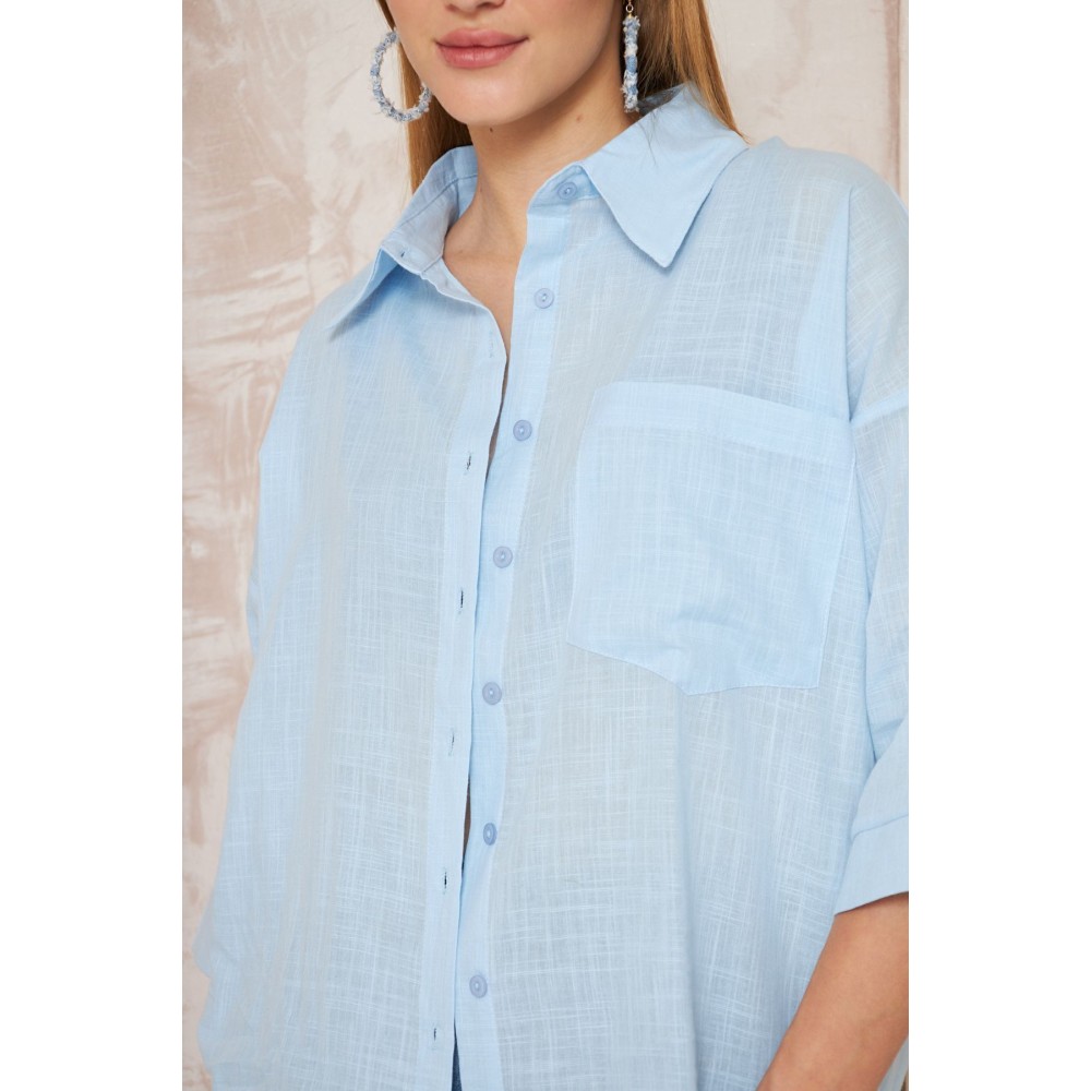 Pasaklı Giyim Pasaklı Giyim Kadın Flamlı Keten Gömlek Mavi - Premium Kadın Giyim