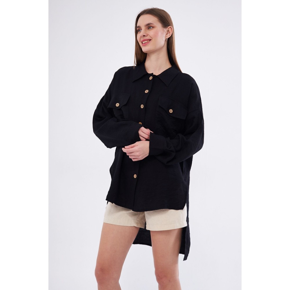 Pasaklı Giyim Pasaklı Giyim Kadın Oversize Arkası Uzun Tunik Gömlek Siyah - Premium Kadın Giyim