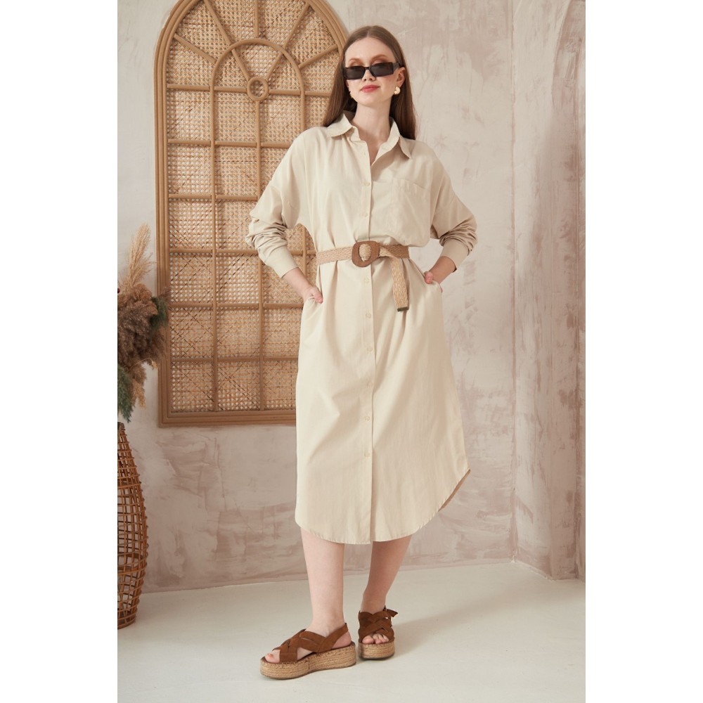 Pasaklı Giyim Pasaklı Giyim Kadın Poplin Oversize Tunik-Gömlek Elbise Taş - Premium Kadın Giyim