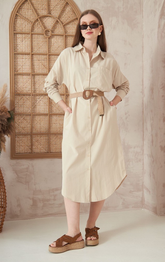 Pasaklı Giyim Kadın Poplin Oversize Tunik-Gömlek Elbise 3555352 Taş