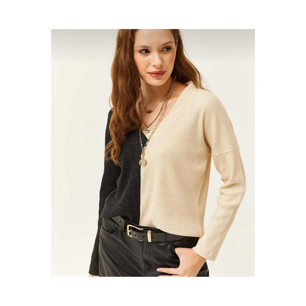 Pasaklı Giyim Kadın V Yaka Uzun Kollu Iki Renkli Kışlık Kazak Vizon Antrasit - Premium Kadın Giyim