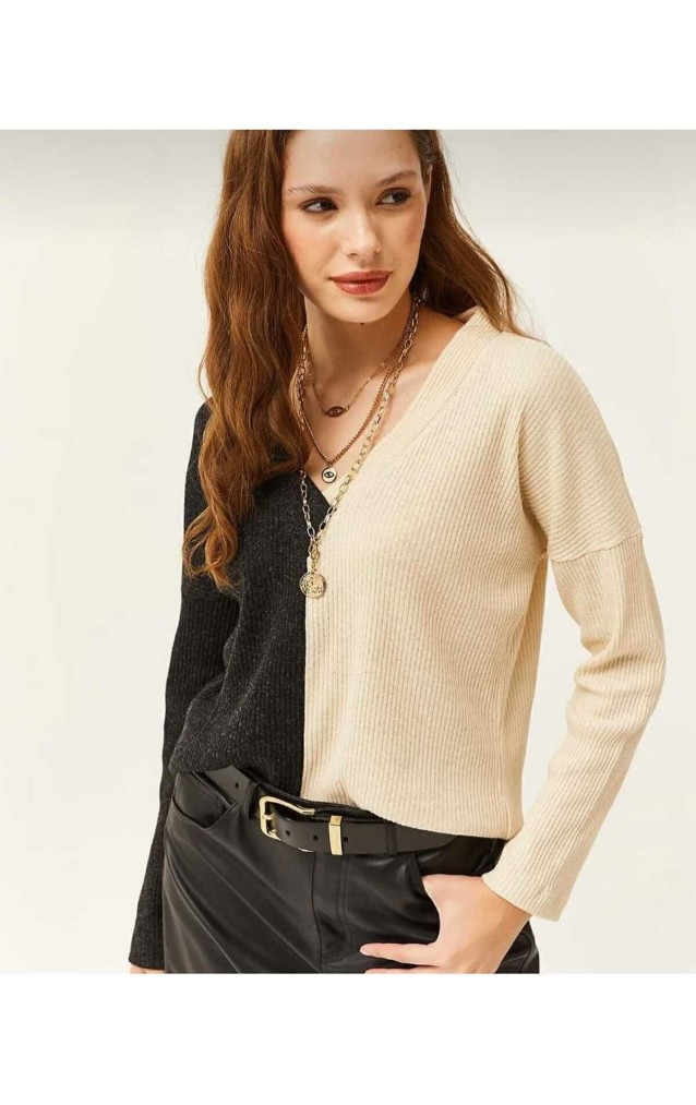 Kadın  V Yaka Uzun Kollu Iki Renkli Kışlık Kazak 2778200 Vizon Antrasit