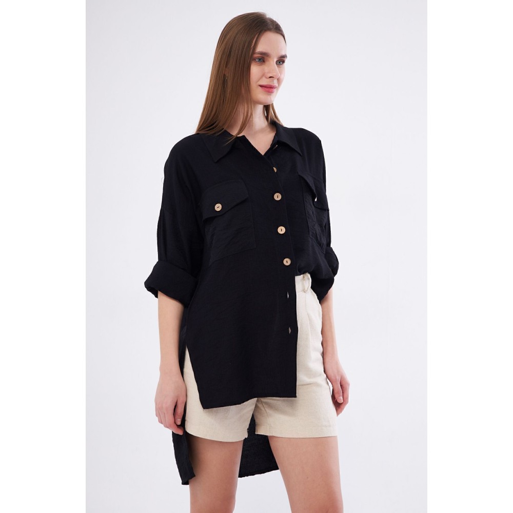 Pasaklı Giyim Pasaklı Giyim Kadın Oversize Arkası Uzun Tunik Gömlek Siyah - Premium Kadın Giyim