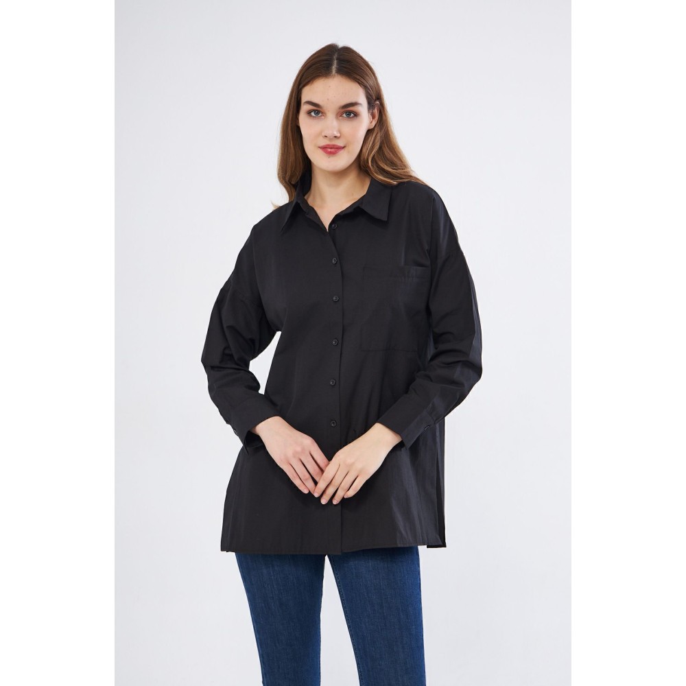 Pasaklı Giyim Kadın Siyah Uzun Kollu Terikoton Özel Kumaş Cepli Spor Uzun Tunik Gömlek - Premium Kadın Giyim