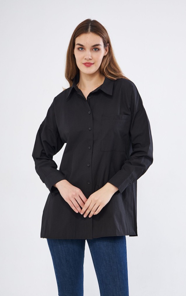 Kadın Siyah Uzun Kollu Terikoton Özel Kumaş Cepli Spor Uzun Tunik Gömlek 3518185