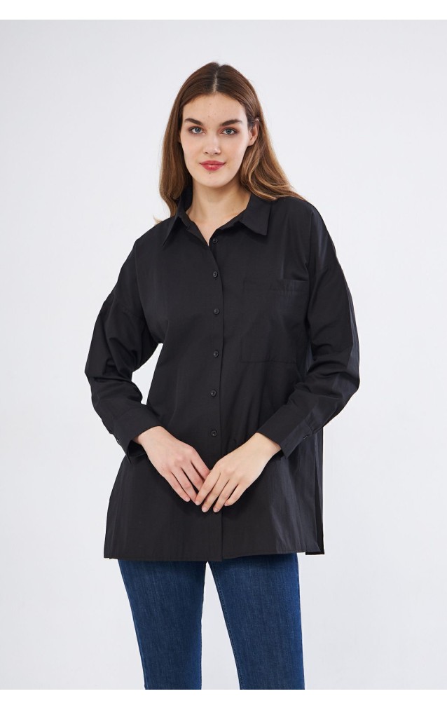 Kadın Siyah Uzun Kollu Terikoton Özel Kumaş Cepli Spor Uzun Tunik Gömlek 3518185