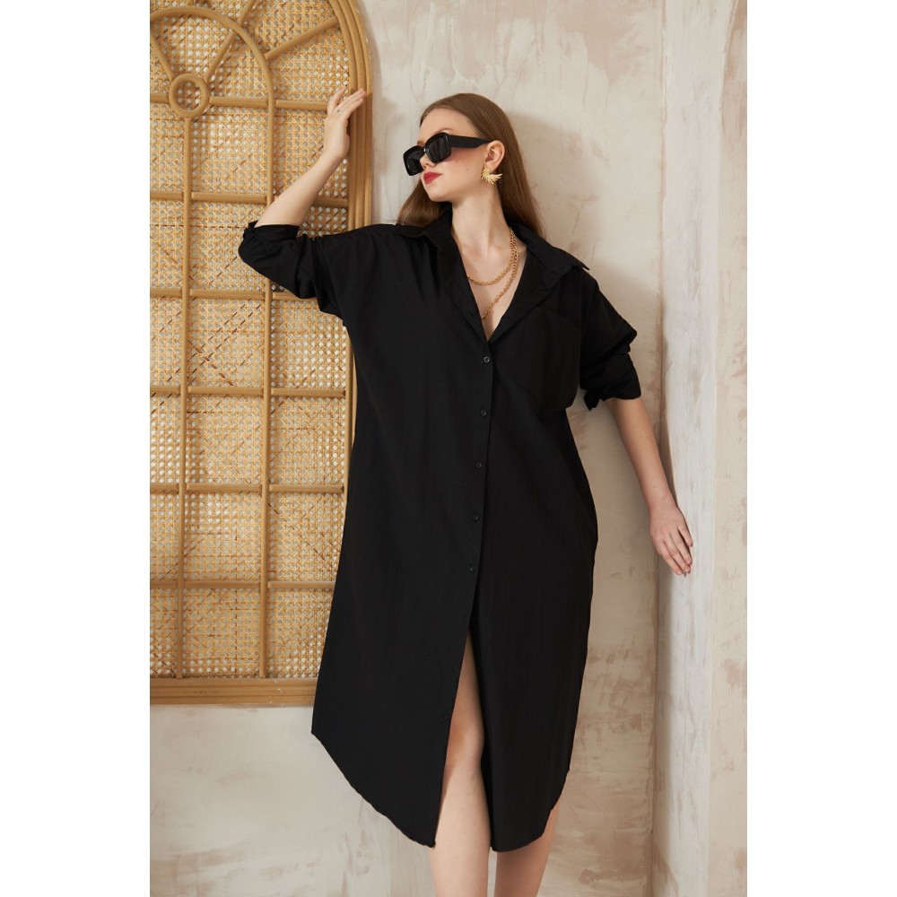 Pasaklı Giyim Pasaklı Giyim Kadın Poplin Oversize Tunik-Gömlek Elbise Siyah - Premium Kadın Giyim