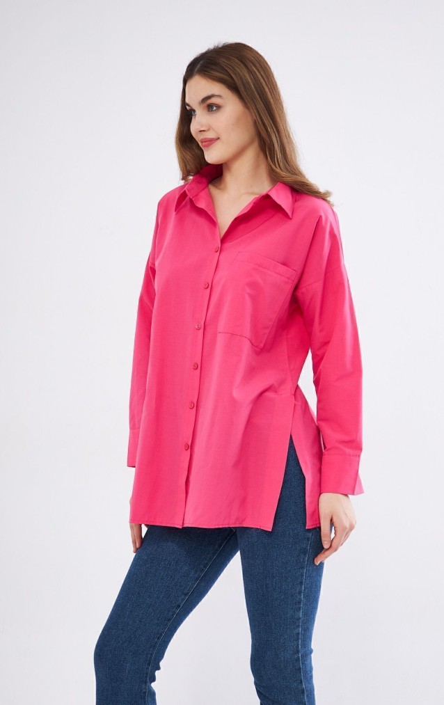 Kadın Fuşya Pembe Uzun Kollu Terikoton Özel Kumaş Cepli Spor Uzun Tunik Gömlek 3518185