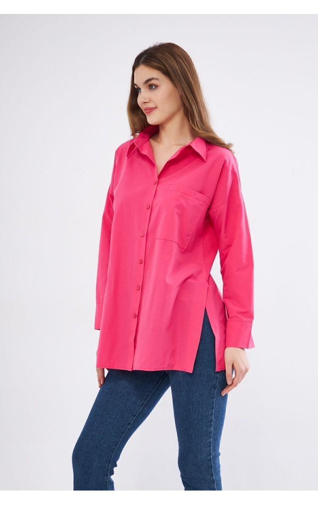 Kadın Fuşya Pembe Uzun Kollu Terikoton Özel Kumaş Cepli Spor Uzun Tunik Gömlek 3518185
