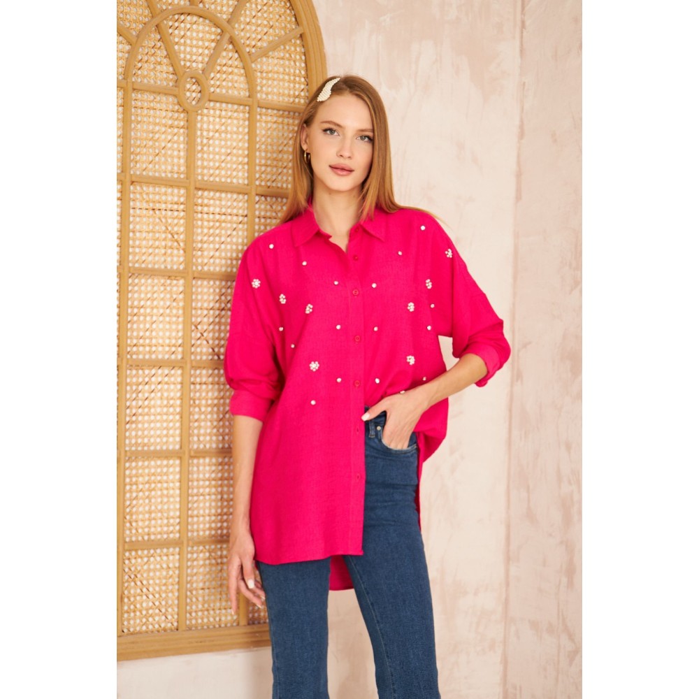 Pasaklı Giyim Pasaklı Giyim Kadın İnci İşleme Keten Tunik Gömlek Fuşya - Premium Kadın Giyim