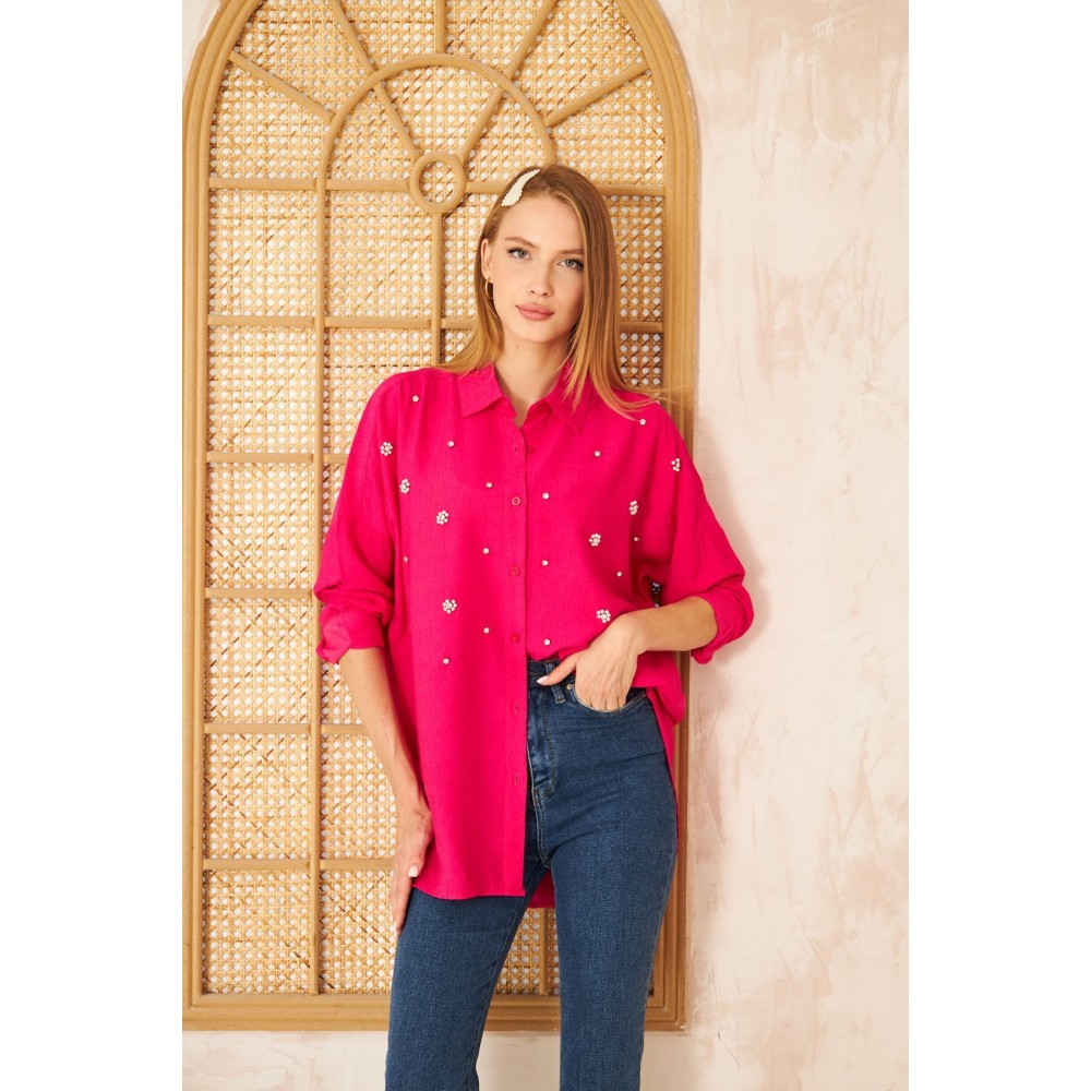 Pasaklı Giyim Pasaklı Giyim Kadın İnci İşleme Keten Tunik Gömlek Fuşya - Premium Kadın Giyim