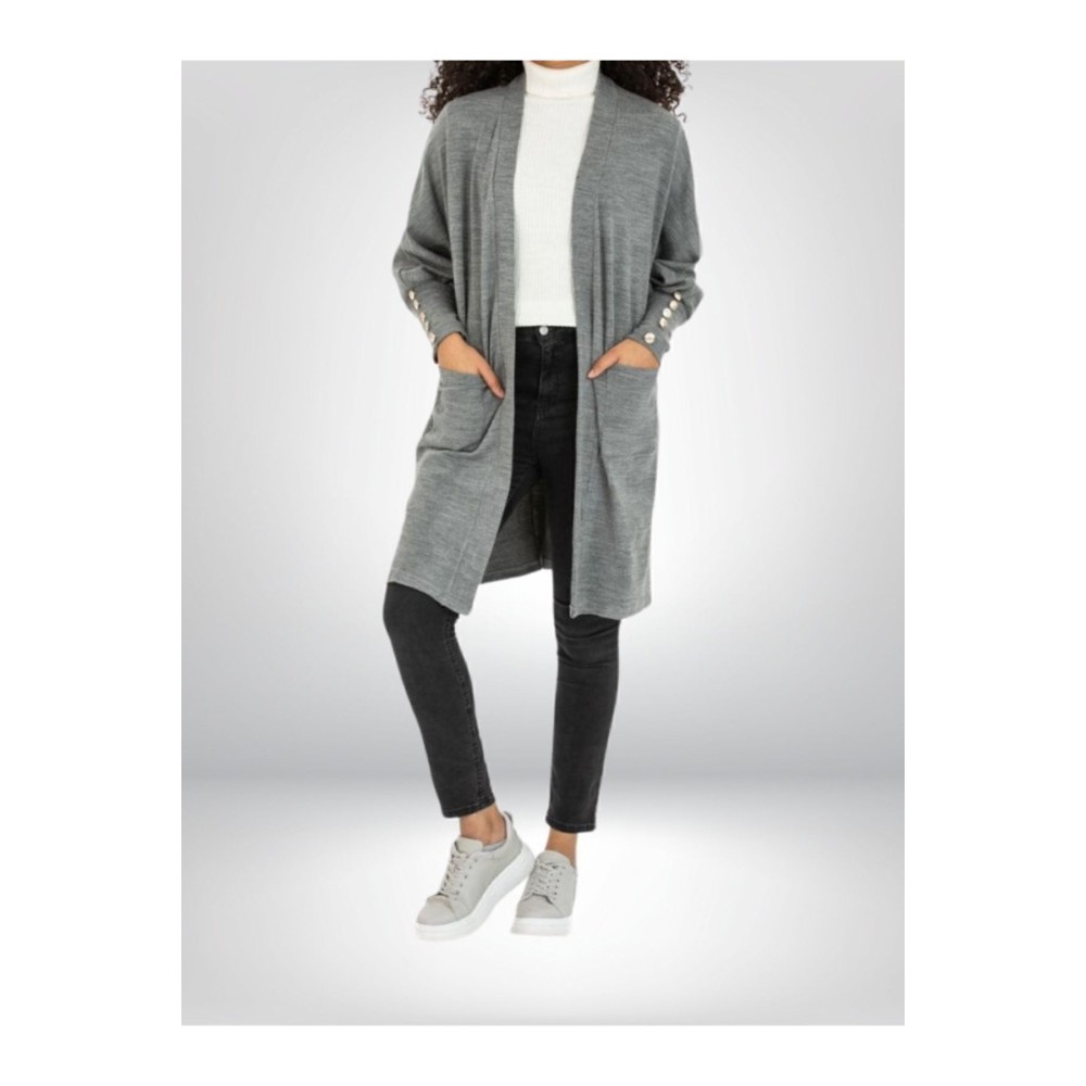 Pasaklı Giyim Pasaklı Giyim Kadın Kolları Düğme Detaylı Yırtmaçlı Yumuşak Dokulu Gri Uzun Triko Hırka - Premium Kadın Giyim