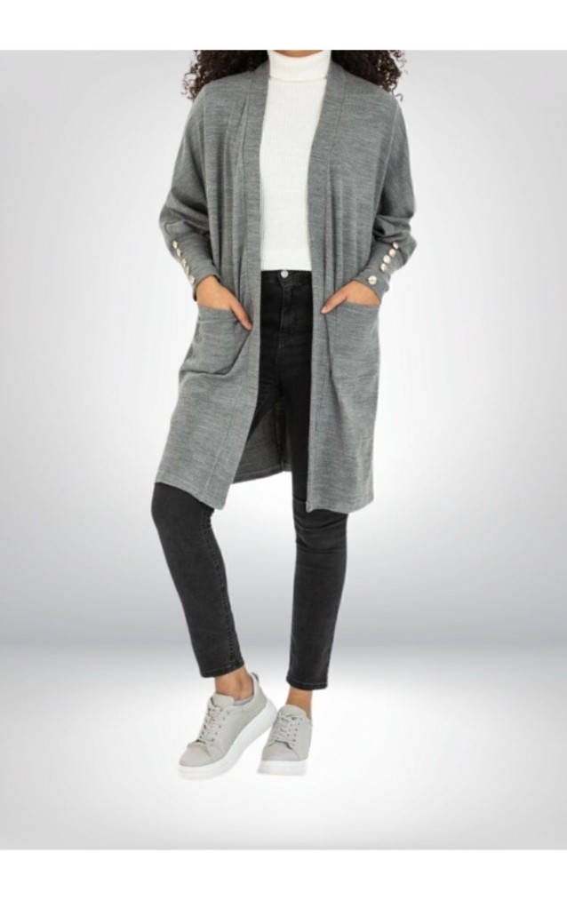 Pasaklı Giyim Kadın Kolları Düğme Detaylı Yırtmaçlı Yumuşak Dokulu Gri Uzun Triko Hırka 3442300