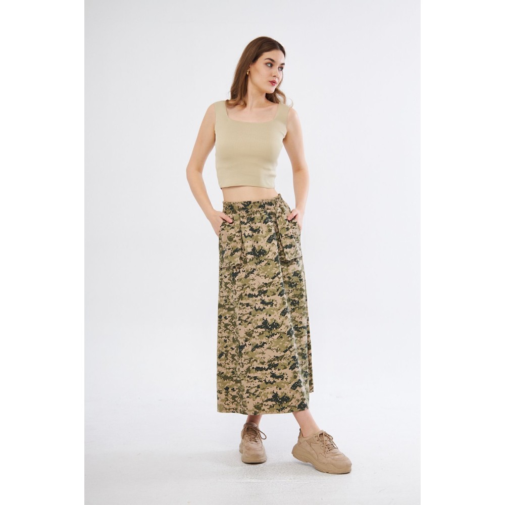 Pasaklı Giyim Pasaklı Giyim Kadın Kamuflaj Desen Gabardin Etek Haki Bej - Premium Kadın Giyim