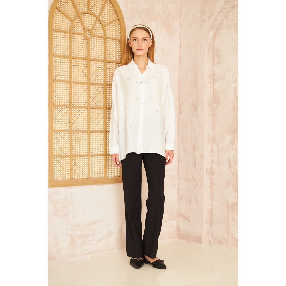 Pasaklı Giyim Pasaklı Giyim Kadın İnci İşleme Keten Tunik Gömlek Beyaz - Premium Kadın Giyim