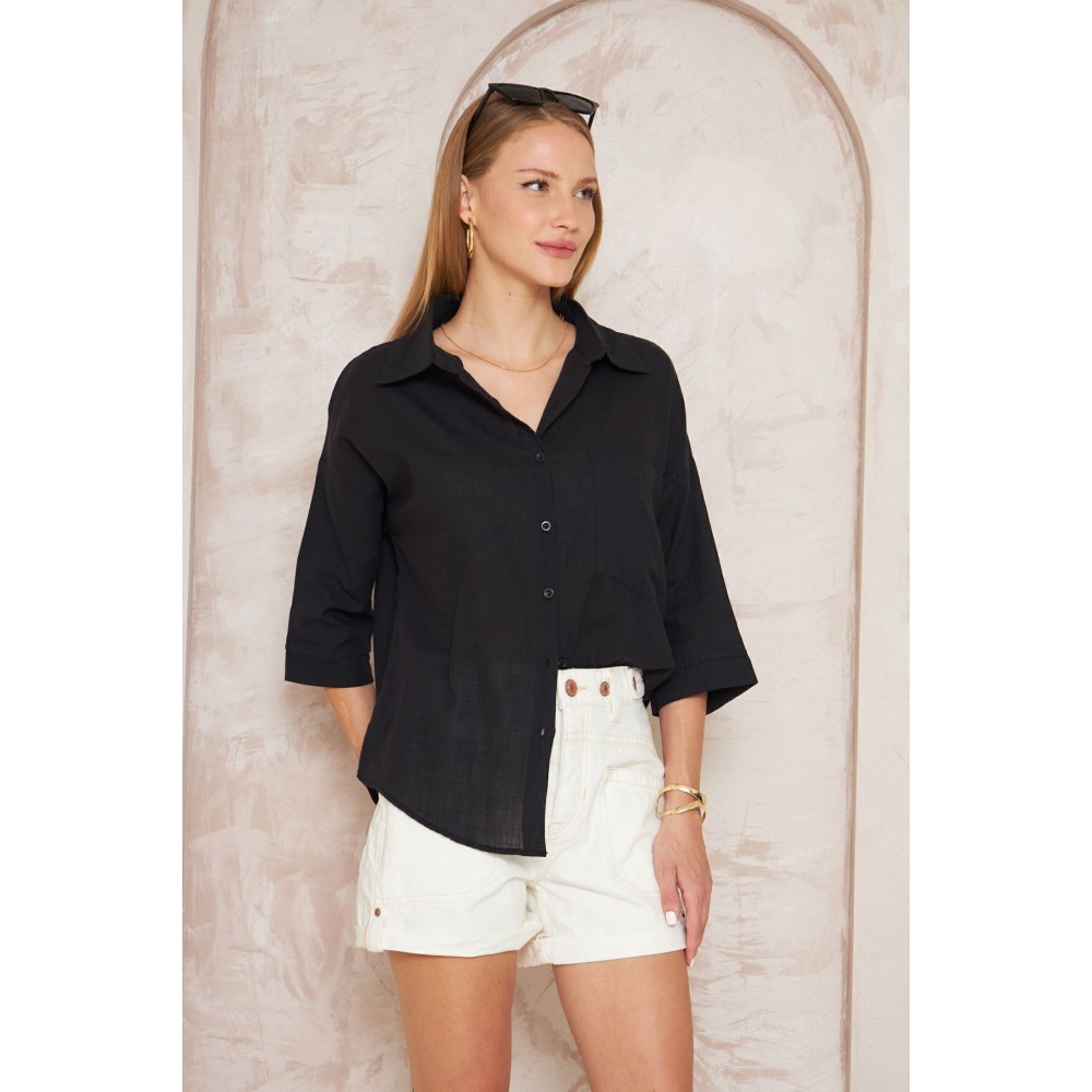 Pasaklı Giyim Pasaklı Giyim Kadın Flamlı Keten Gömlek Siyah - Premium Kadın Giyim