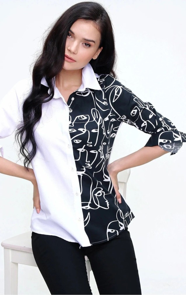 Pasaklı Giyim Kadın Yüz Silüetli Basic Gömlek 3074190 Beyaz Siyah