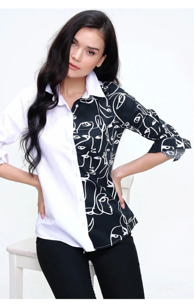 Pasaklı Giyim Kadın Yüz Silüetli Basic Gömlek 3074190 Beyaz Siyah