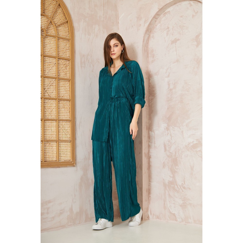 Pasaklı Giyim Pasaklı Giyim kadın Piliseli Bürümcük Pantolon Tunik Alt Üst Takım Zümrüt - Premium Kadın Giyim