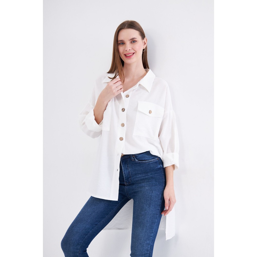 Pasaklı Giyim Pasaklı Giyim Kadın Oversize Arkası Uzun Tunik Gömlek Beyaz - Premium Kadın Giyim