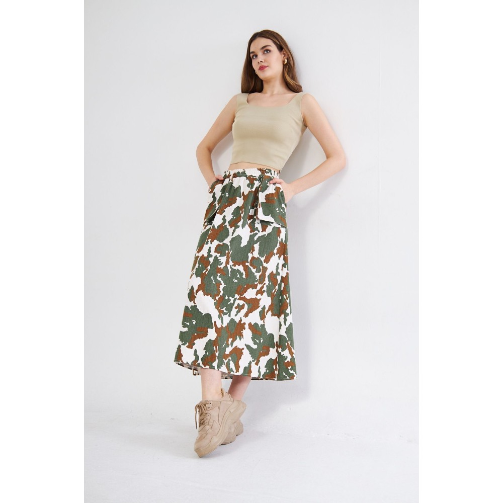 Pasaklı Giyim Pasaklı Giyim Kadın Kamuflaj Desen Gabardin Etek Haki - Premium Kadın Giyim