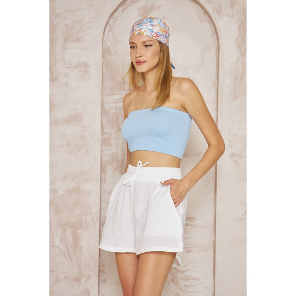 Pasaklı Giyim Pasaklı Giyim Kadın Müslin %100 Pamuk Beli Lastikli Şort Beyaz - Premium Kadın Giyim