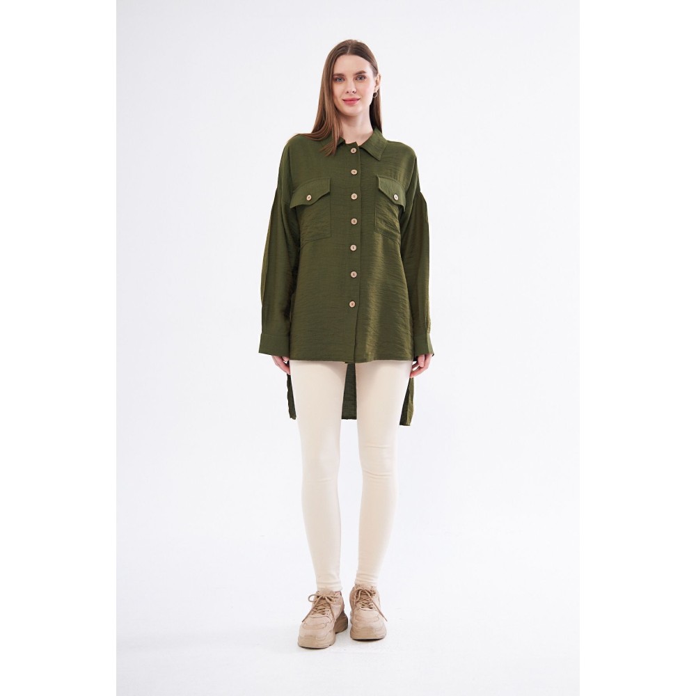 Pasaklı Giyim Pasaklı Giyim Kadın Oversize Arkası Uzun Tunik Gömlek Haki - Premium Kadın Giyim