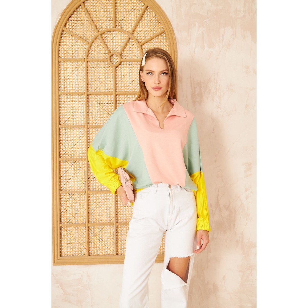 Pasaklı Giyim Pasaklı Giyim Kadın Polo Yaka Sweatshirt Pudra - Premium Kadın Giyim