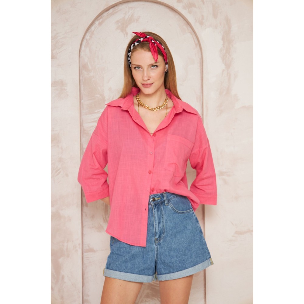 Pasaklı Giyim Pasaklı Giyim Kadın Flamlı Keten Gömlek Fuşya - Premium Kadın Giyim