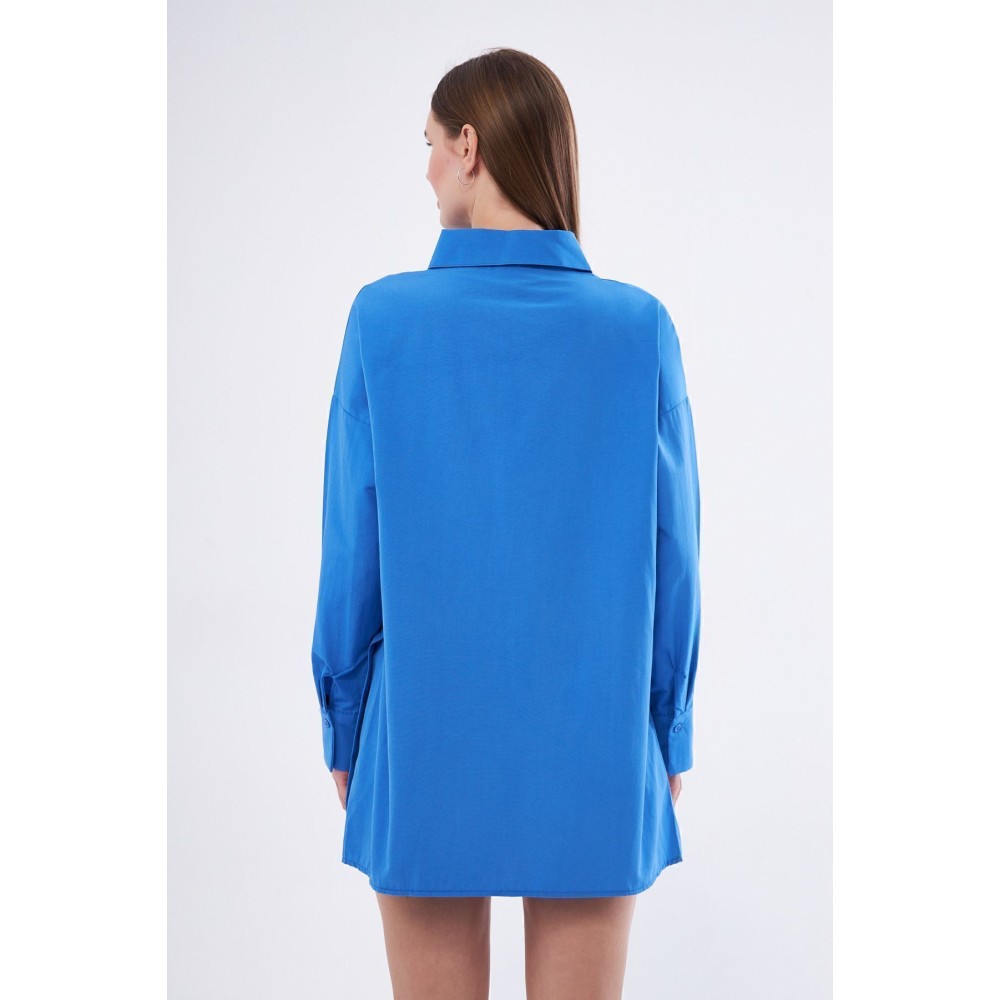 Pasaklı Giyim Kadın Saks Mavi Uzun Kollu Terikoton Özel Kumaş Cepli Spor Uzun Tunik Gömlek - Premium Kadın Giyim