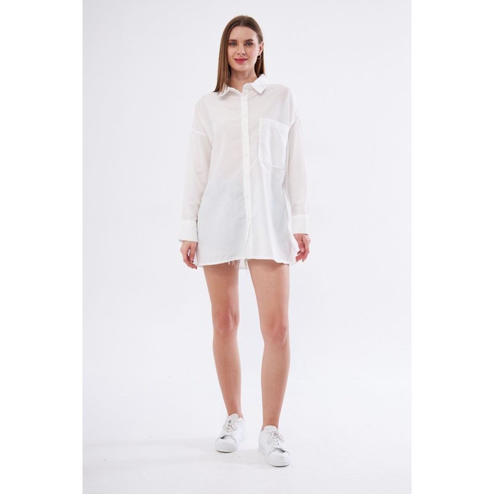 Pasaklı Giyim Kadın Beyaz Uzun Kollu Terikoton Özel Kumaş Cepli Spor Uzun Tunik Gömlek - Premium Kadın Giyim