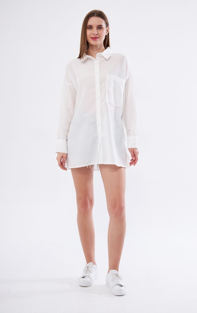 Kadın Beyaz Uzun Kollu Terikoton Özel Kumaş Cepli Spor Uzun Tunik Gömlek 3518185