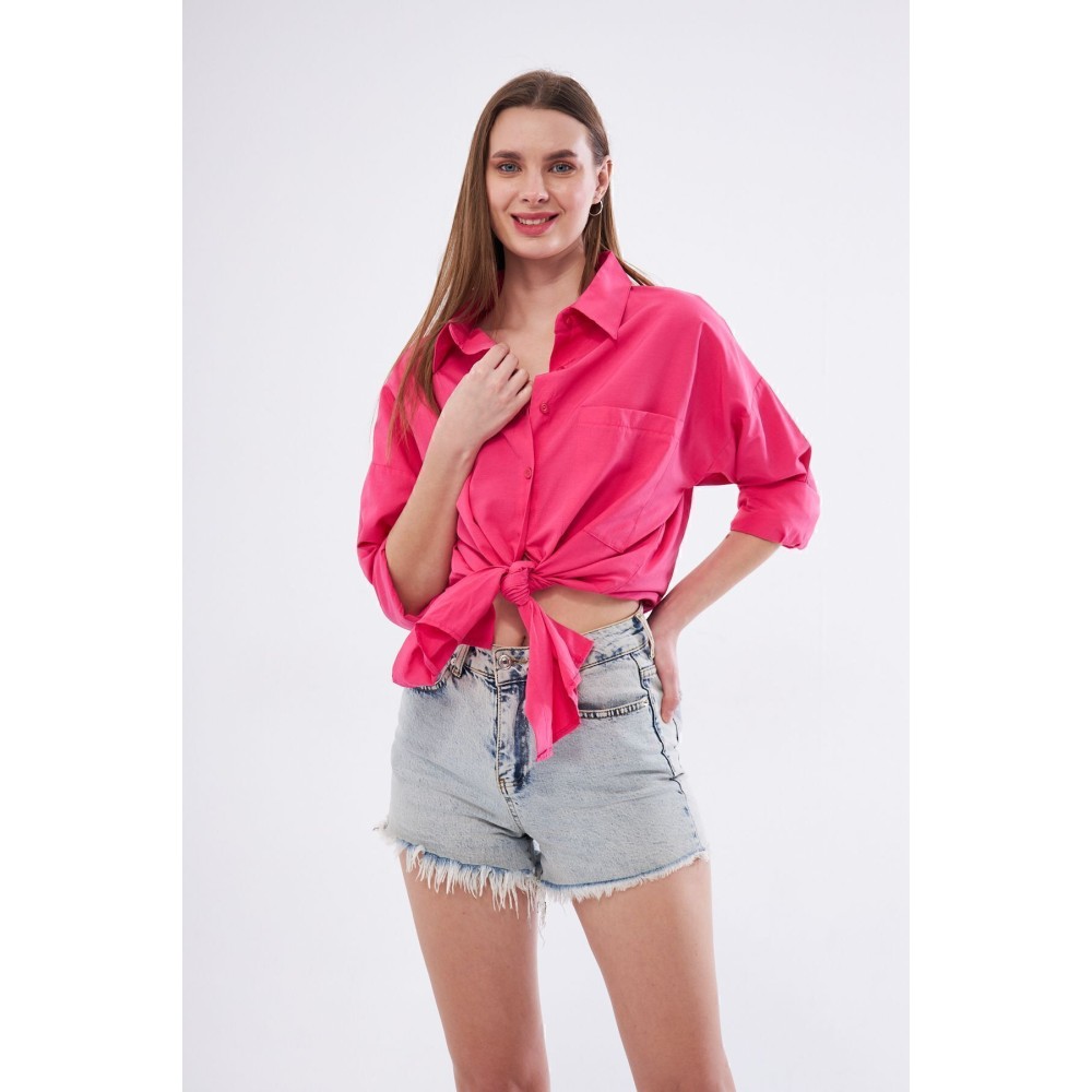 Pasaklı Giyim Kadın Fuşya Pembe Uzun Kollu Terikoton Özel Kumaş Cepli Spor Uzun Tunik Gömlek - Premium Kadın Giyim