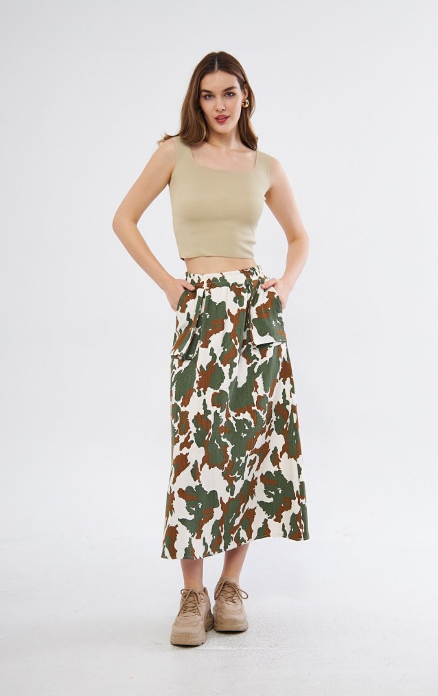 Pasaklı Giyim Kadın Kamuflaj Desen Gabardin Etek Haki3553220