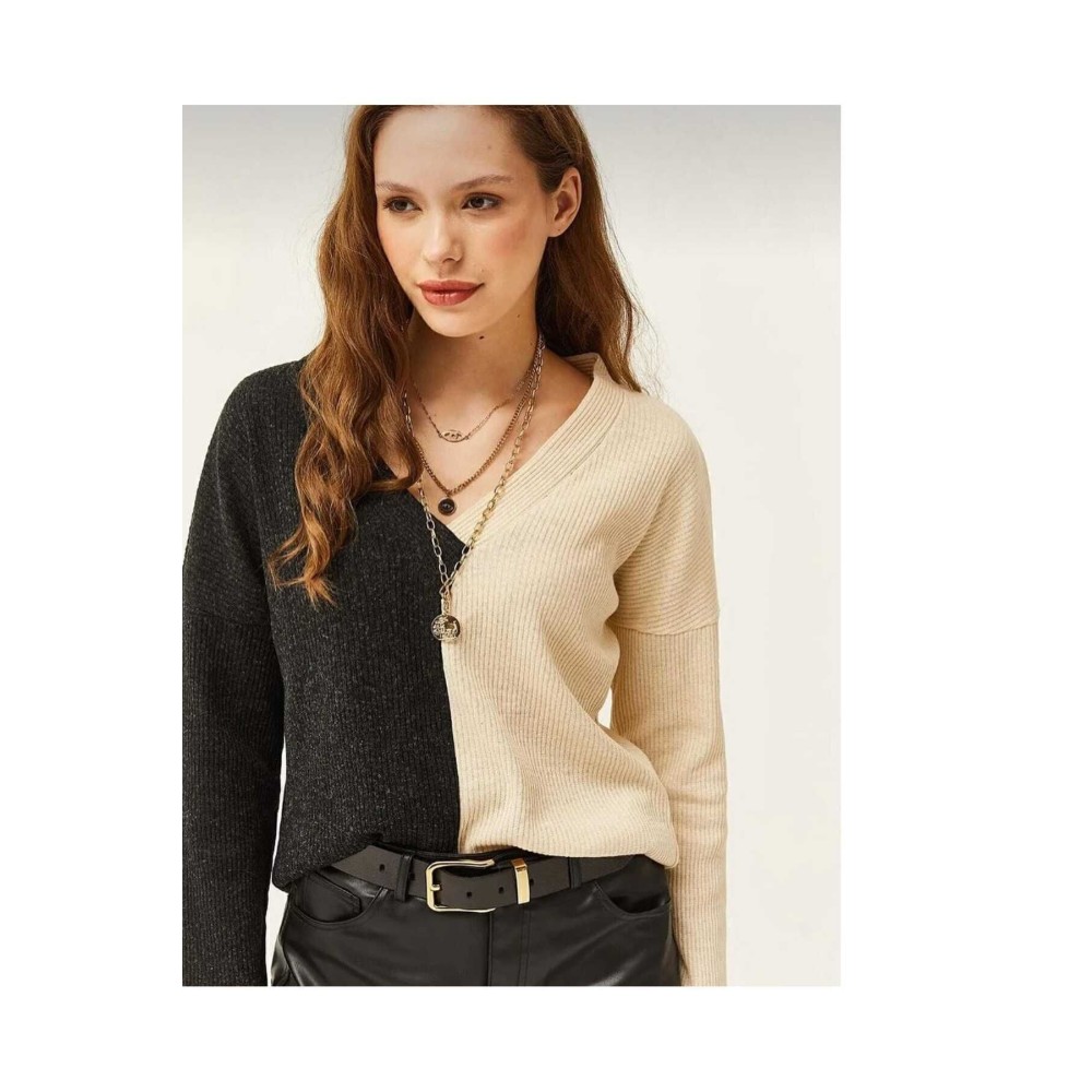 Pasaklı Giyim Kadın V Yaka Uzun Kollu Iki Renkli Kışlık Kazak Vizon Antrasit - Premium Kadın Giyim