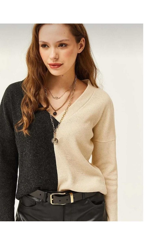 Kadın  V Yaka Uzun Kollu Iki Renkli Kışlık Kazak 2778200 Vizon Antrasit